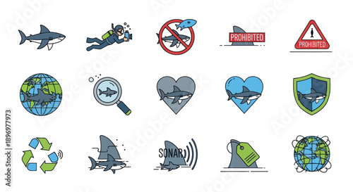 Shark Icon Collection: Diverse Designs for Marine Conservation and Awareness.