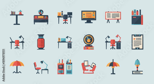 Collection of Flat Design Office and Workspace Icons.