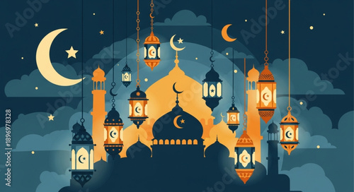 Islamic mosque with crescent moon and hanging lanterns at night.