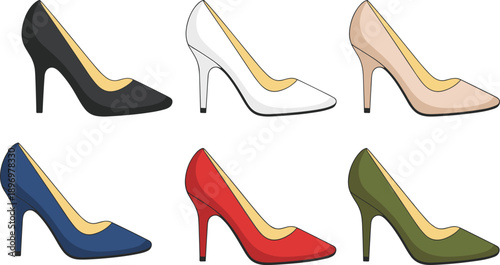 Set of six women’s pointed‑toe stiletto high heels, assorted colors, elegant fashion footwear, formal wear, stylish pumps, classic design