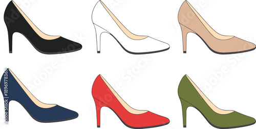 Set of six women’s high heel shoes, assorted colors, fashion footwear, elegant style, formal wear, stylish pumps, classic design