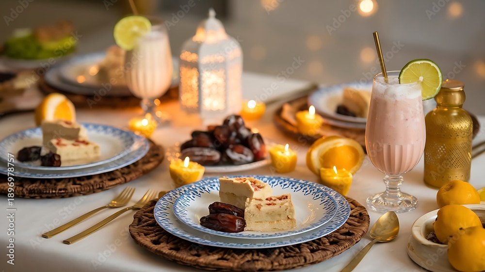 Naklejka premium Table set for Ramadan iftar with desserts and drinks