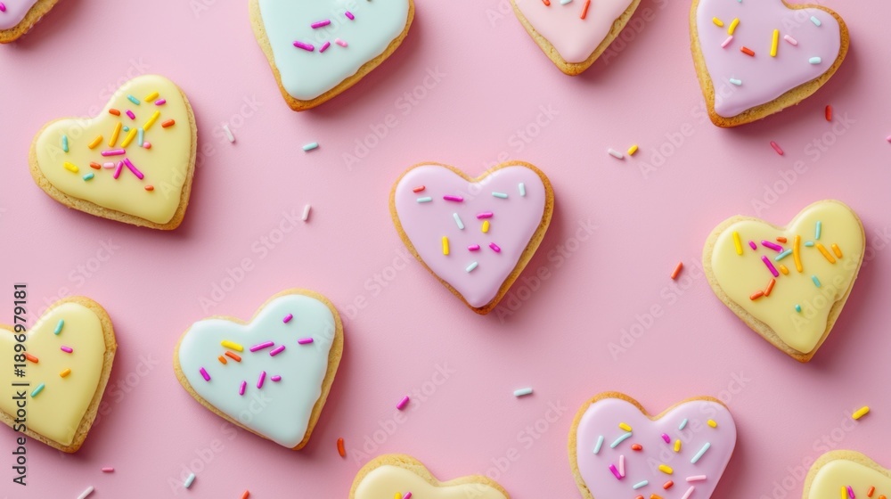 Fototapeta premium Colorful Heart-Shaped Cookies with Sprinkles on Pink Background