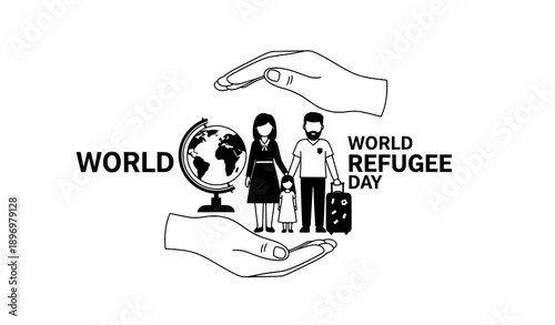 World Refugee Day vector concept with hands protecting family globe and suitcase