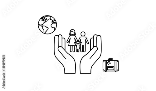 Minimal refugee awareness icon vector with protective hands and family