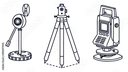 Set of Land Surveying Instruments and Tripod Vector, GNSS Pole, A set of three land surveying instruments: a level, a tripod with a plumb bob, and a digital total station.