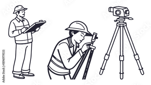 Land surveyors team working with level and clipboard line art, two land surveyors at work, one operates an optical level on a tripod while the other records data on a clipboard, 