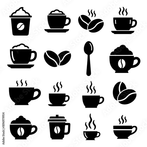 Flat black latte icon vector set with cups, froth, and coffee tools on white background
