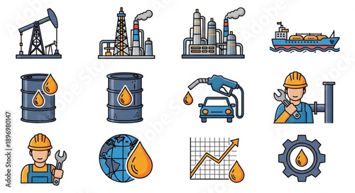 Oil industry icons set with pumpjack refinery tanker barrels and worker.