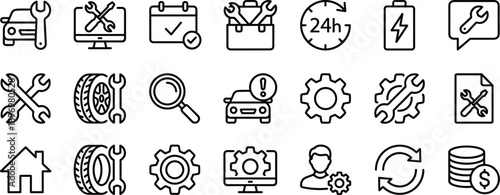 Car service and maintenance line icon set, auto repair tools support warranty settings symbols outline vector illustration