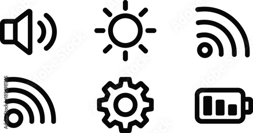 Collection of utility interface icons displays volume, sun, signal strength, settings, and battery status indicators.