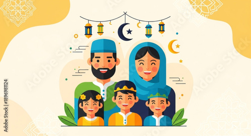 Muslim Family Celebrating Ramadan Together Wearing Traditional Clothing.