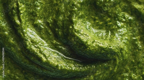 Close-up of a green sauce or pesto. the sauce appears to be thick and creamy, with a smooth texture.