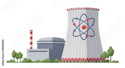 Nuclear power plant cooling tower with atomic symbol illustration.