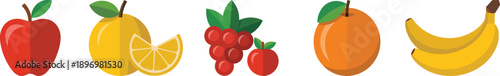 Assorted colorful fruit icons including an apple, lemon, grapes, orange, and banana are isolated against a white background.