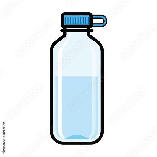 Illustration of a transparent plastic water bottle with a blue cap on a white background.