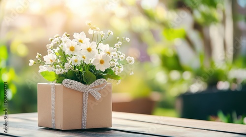 Wallpaper Mural Small brown box with white flowers in it sits on a wooden table Torontodigital.ca