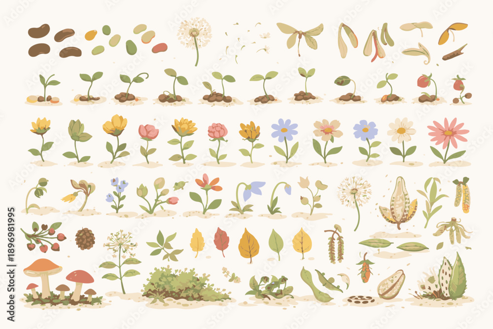 Obraz premium A Collection of Botanical Elements, Including Seeds, Sprouts, Flowers, and Leaves
