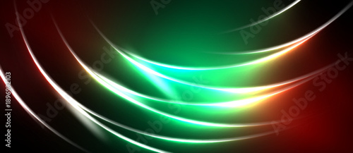 Abstract flowing lines, vibrant green, orange hues. Dark background creates dramatic visual impact. Smooth curves suggest movement, energy.