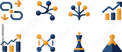 A set of abstract icons illustrates business concepts including process flow, branching networks, and strategic chess.