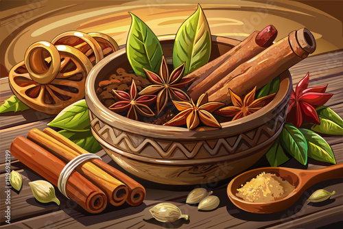 Fragrant cinnamon sticks in a rustic wooden bowl with star anise and spices arranged on a textured surface Warm natural light Still life photography Cozy cooking.