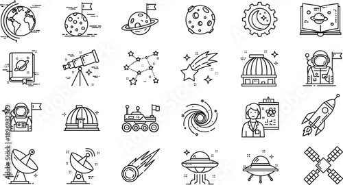 Space and astronomy line icon set, planets stars astronaut galaxy telescope rocket symbols outline vector illustration collectionSpace and astronomy line 