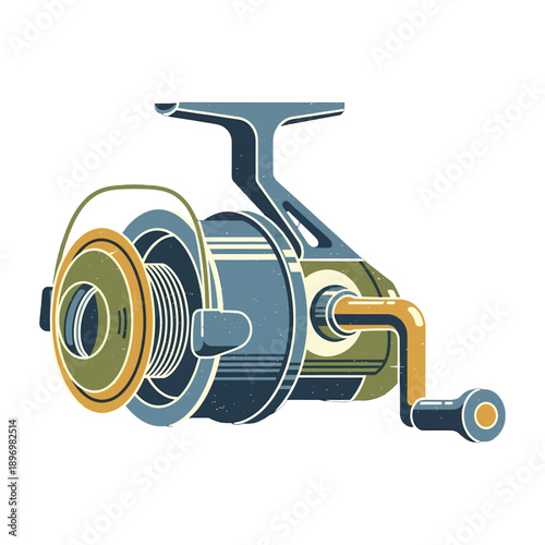 Illustration of a modern spinning fishing reel with a blue and yellow design on a white background.