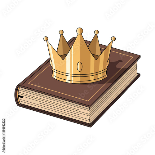 Illustration of a gold crown on top of a brown book with gold trim on a white background