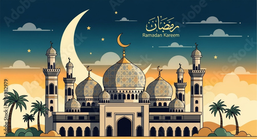 Ramadan Kareem Islamic Mosque with Crescent Moon and Stars.