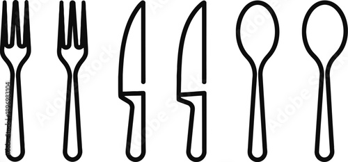 Basic black line drawing set presents essential dining silverware including forks, knives, and spoons in a row.