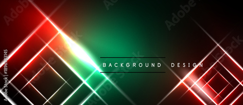 Abstract background features vibrant red, green gradients. Bright lines intersect creating dynamic geometric pattern. Dark borders frame design.