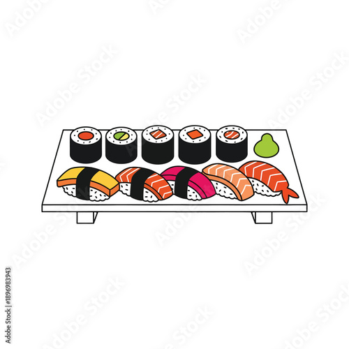 A plate of assorted sushi rolls and sashimi on a white plate with wasabi.