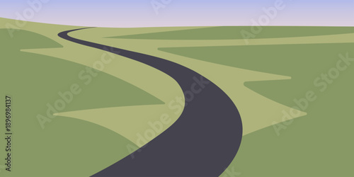 Curving road aerial silhouette illustration. Wide diagonal road form with subtle inner band. Flat land planes with soft tonal shifts. Calm elevated landscape scene.