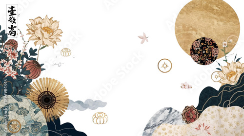 Elegant Traditional Asian Art Illustration with Golden Moon, Lotus Flowers, and Auspicious Symbols