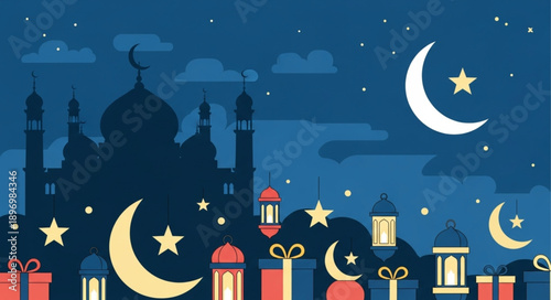 Ramadan Kareem Islamic celebration with mosque crescent moon and lanterns.
