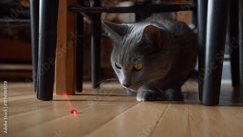 Grey cat chasing a laser pointer.