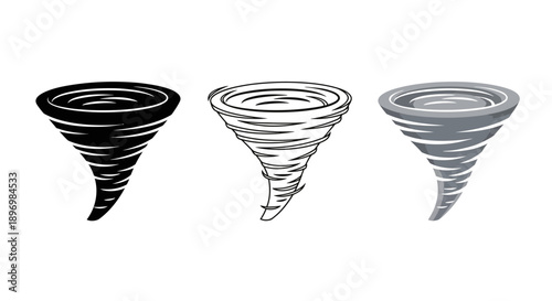Artisan Tornado and Cyclone Icon Set featuring Extreme Weather Funnel Design in Silhouette, Minimalist Outline, and Grey Textured Graphic Styles
