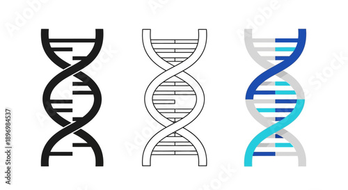 Artisan DNA Double Helix Icon Set featuring Genetic Science Design in Silhouette, Minimalist Outline, and Vibrant Multi-Blue Professional Graphic Styles