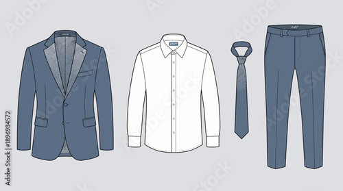 Professional Men’s Business Suit and Formalwear Set in Slate Blue featuring Tailored Blazer with Peak Lapels, Dress Shirt, Silk Tie, and Flat-Front Trousers