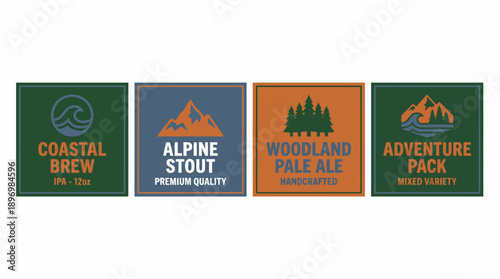 Artisan Craft Beer Label Set featuring Minimalist Mountain, Wave, and Forest Graphics in Slate Blue, Forest Green, and Burnt Orange Adventure Branding Styles