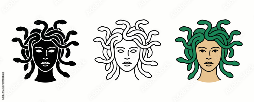 Obraz premium Legendary Medusa Mascot Logo Set featuring Mythological Gorgon Head Designs in Silhouette, Minimalist Outline, and Vibrant Green Snake Graphic Styles