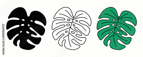 Artisan Monstera Deliciosa Leaf Icon Set featuring Tropical Botanical Design in Silhouette, Minimalist Outline, and Vibrant Green Flat Graphic Styles