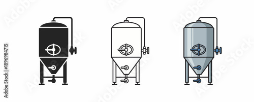 Professional Industrial Brewing Fermentation Tank Icon Set featuring Stainless Steel Conical Vessel Design in Silhouette, Minimalist Outline, and Realistic Metallic Graphic Styles