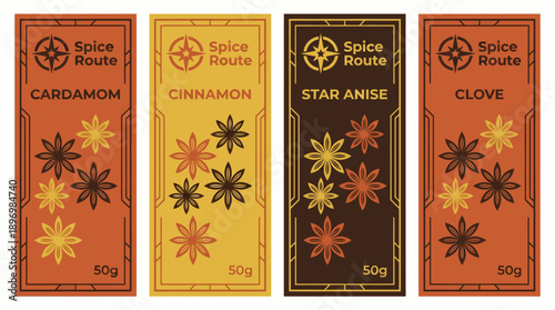 Artisan Culinary Spice Label Set featuring Star Anise Graphics in Earthy Terracotta and Deep Umber Color Palettes for Cardamom, Cinnamon, Star Anise, and Clove Packaging