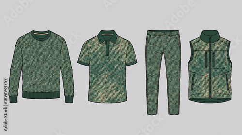 Professional Utility and Outdoor Apparel Set with Forest Green Mottled Texture Patterns featuring Crewneck Sweatshirt, Technical Polo Shirt, Straight-Leg Cargo Pants, and Insulated Utility Vest
