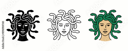 Legendary Medusa Mascot Logo Set featuring Mythological Gorgon Head Designs in Silhouette, Minimalist Outline, and Vibrant Green Snake Graphic Styles