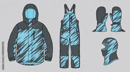 Extreme Winter Sports Apparel Set with Charcoal and Cyan Electric Diagonal Patterns featuring Insulated Technical Parka, Snow Bib Overalls, Waterproof Mittens, and Balaclava Face Mask