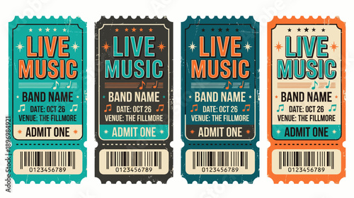 Retro Live Music Concert Ticket Set with Distressed Vintage Textures featuring "Admit One" Stub Design and Barcode in Teal, Charcoal, and Orange Color Palettes