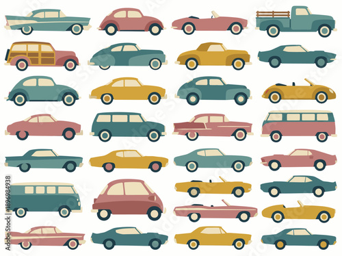 Vintage Classic Car Icon Set featuring Retro Automobile Designs in Muted Pastel Tones of Teal, Mustard, Rose, and Slate Blue