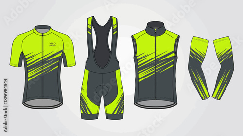 Professional Cycling Apparel Set with Neon Yellow and Charcoal Grey Diagonal Graphic Patterns Including Aerodynamic Jersey, Bib Shorts, Performance Vest, and Matching Arm Warmers
